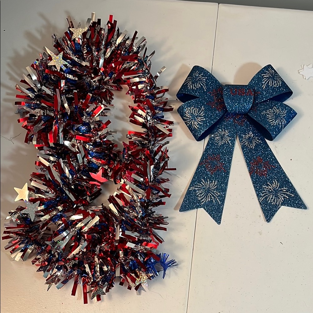 Festive Red, White, and Blue Tinsel Garland with Bow